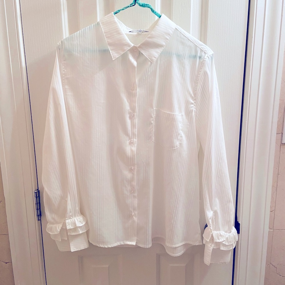 Current Air White Striped Blouse with Cuff Ruffles